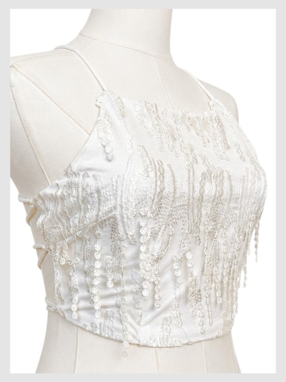 Lulus Dancing in a Dream Crop Top White Lace Up Fringe M - Picture 5 of 8